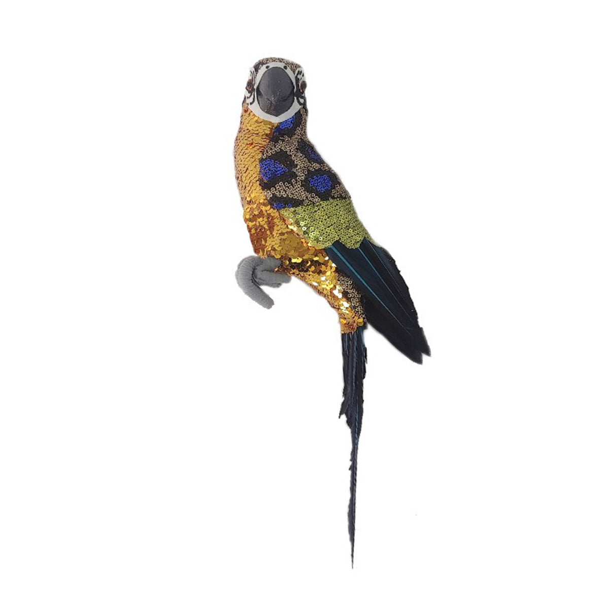 Gold and blue sequin parrot decoration with lime green wing band and long dark navy tail feathers