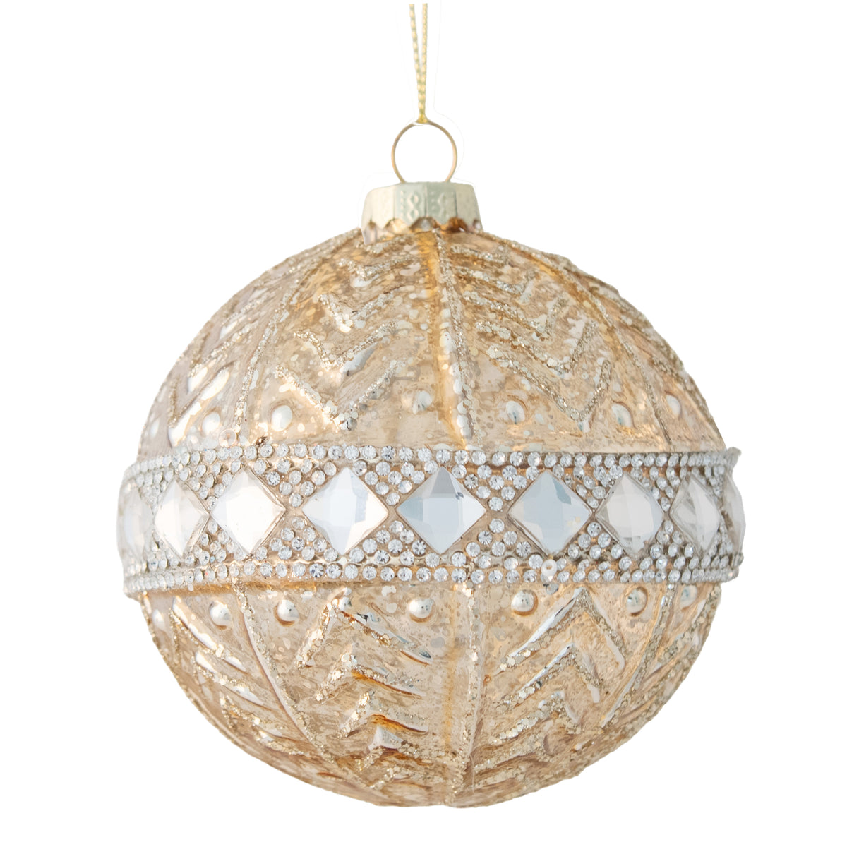 Gold glass bauble with chevron pearl bead pattern and wide diamante crystal and gem band