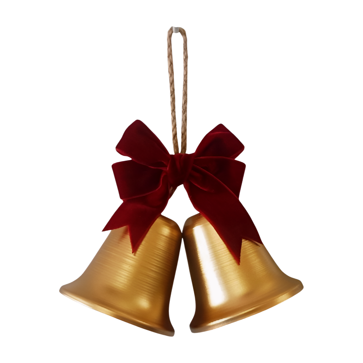 Pair of gold Christmas bells tied with a red velvet bow and hung from natural twine