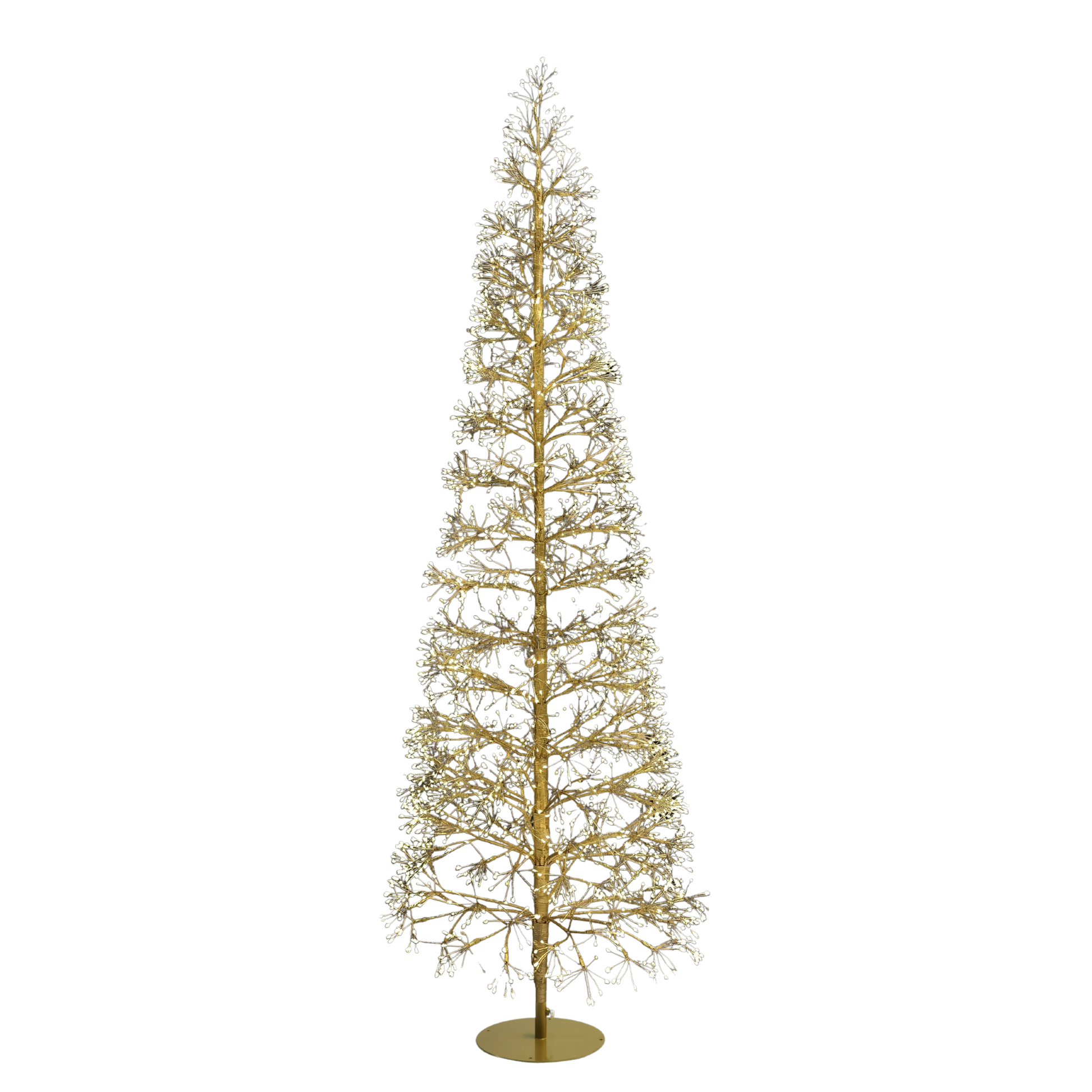Gold Christmas tree with lights on a white background