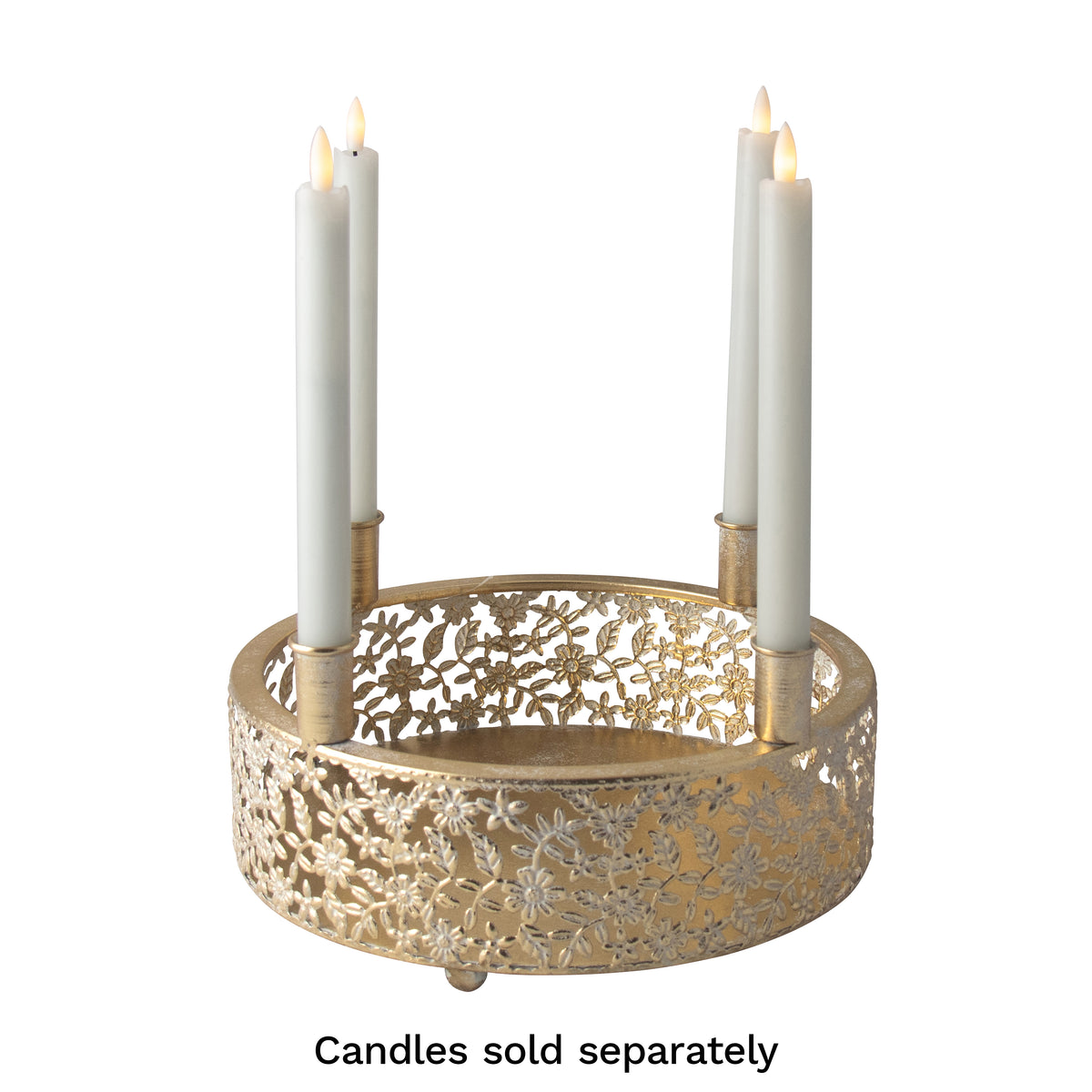 Gold circular advent candle holder with floral filigree sides and four taper candle holders on a footed base
