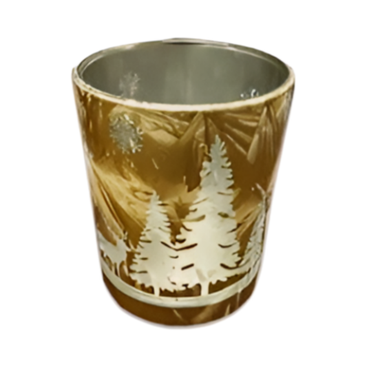 Gold glass tealight candle holder with white etched winter forest and reindeer scene