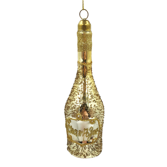 Gold glitter champagne bottle hanging ornament with seed bead detail and gold script label
