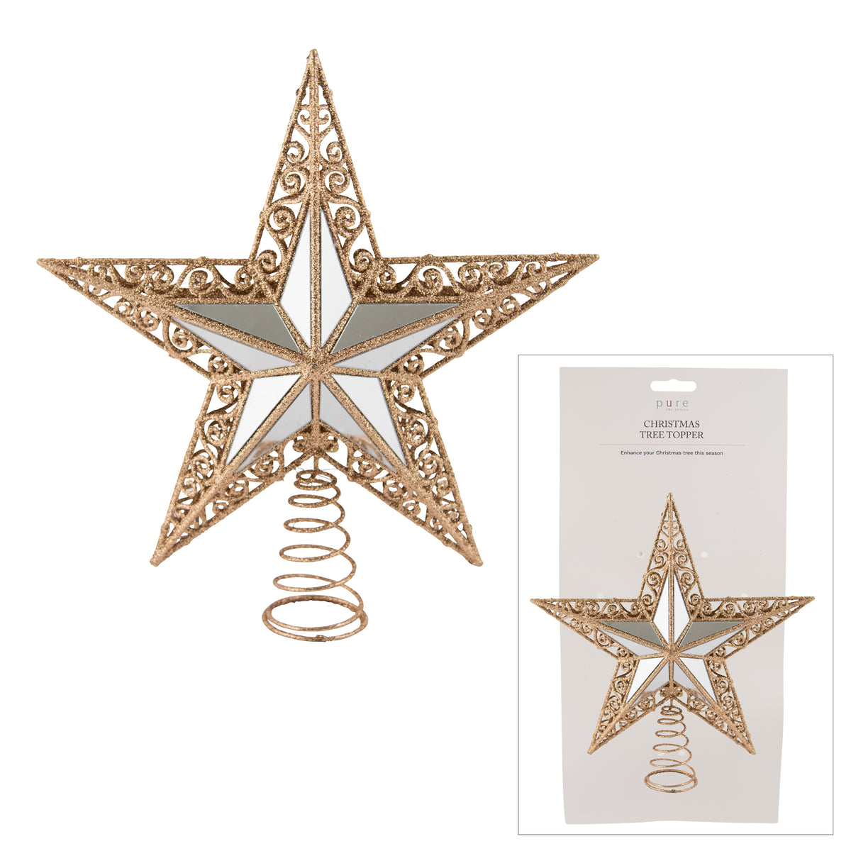Gold glitter filigree star tree topper with scrollwork detail and mirrored panels on a coil base