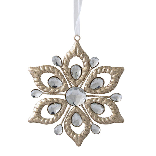 Gold glitter snowflake hanging ornament with faceted crystal gems and large round centrepiece stone