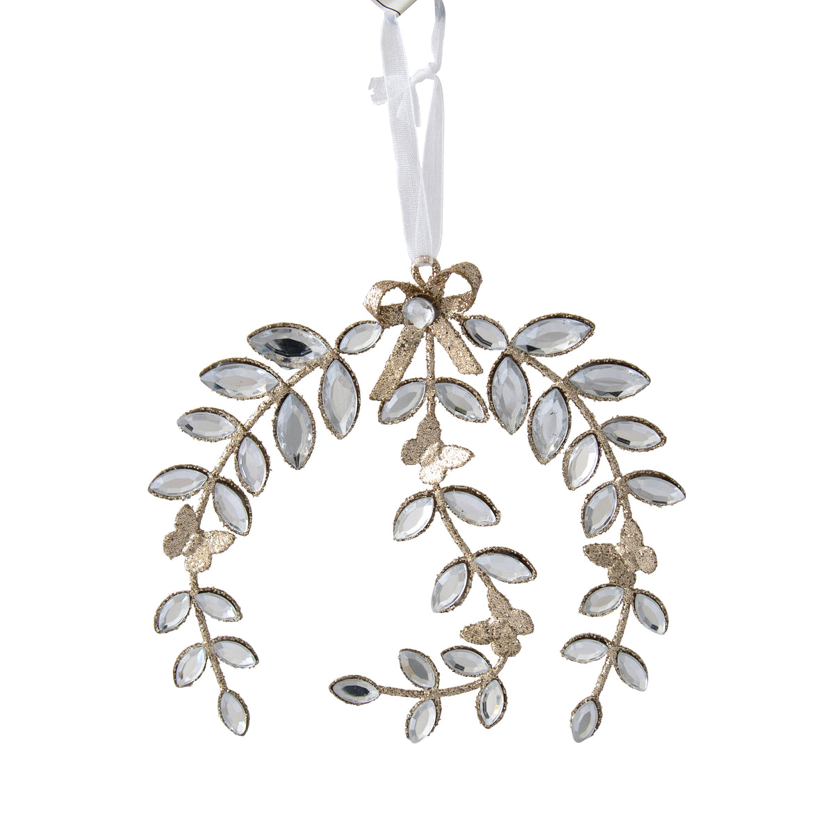Gold glitter jewelled wreath hanging ornament with crystal gem leaves, bow detail and butterfly accents