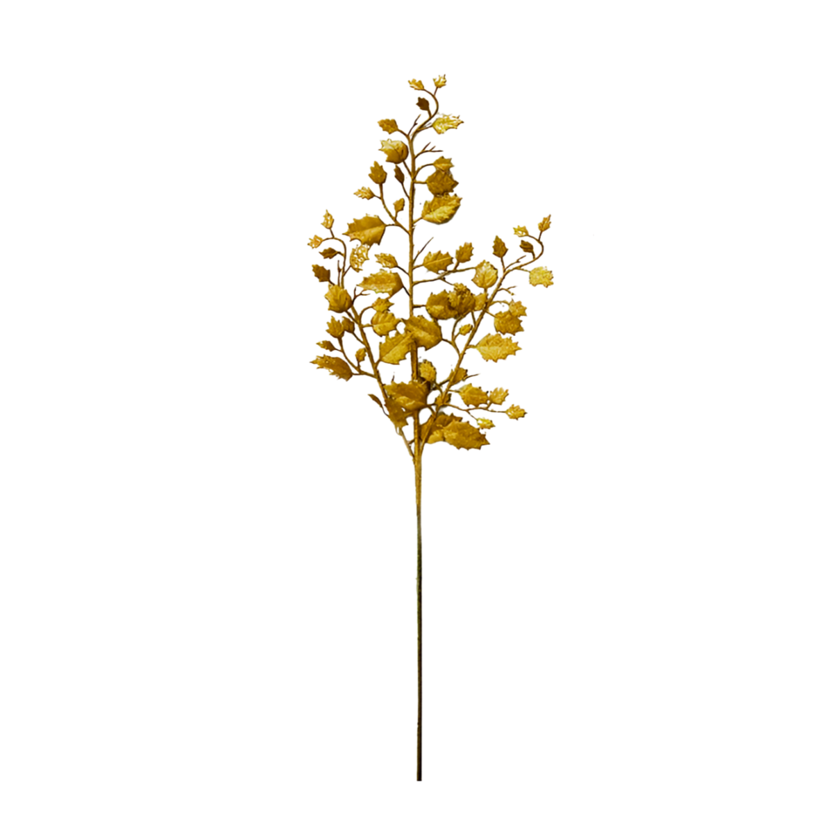 Gold glitter leaf spray Christmas pick with textured crinkled leaves on a wire stem