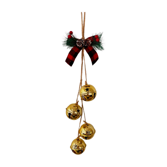 Gold hanging bells with four gold jingle bells on twine, topped with a buffalo plaid bow, pinecones, greenery, and red berries