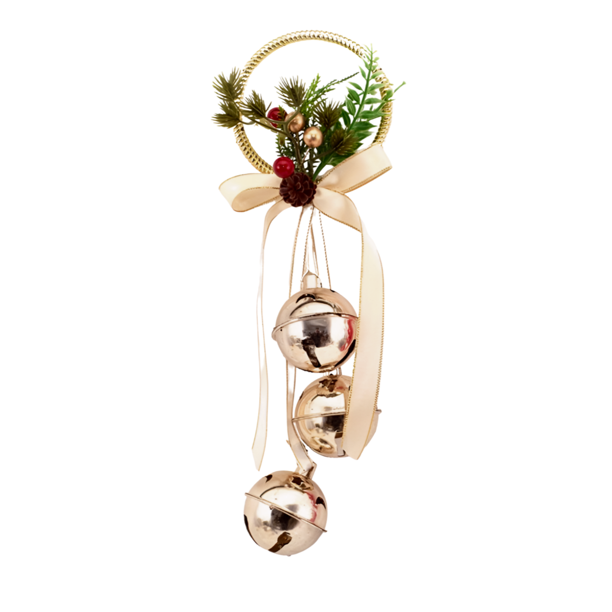 Gold jingle bell door hanger with wreath ring, pine sprigs, red berries, pinecone, and cream satin bow