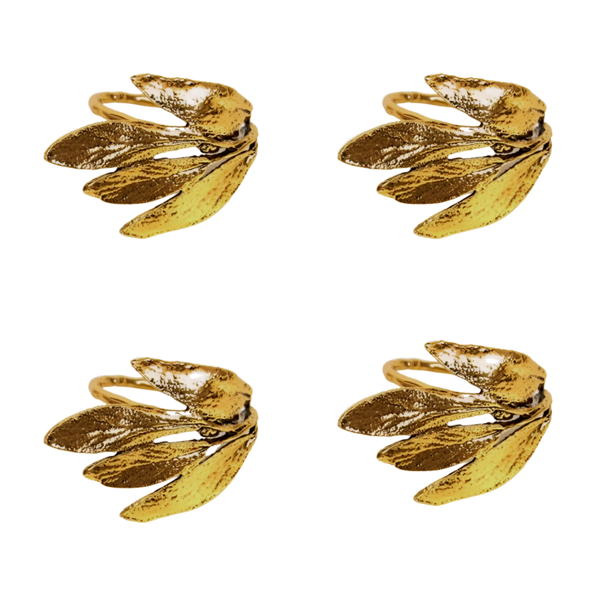 Set of four gold leaf cluster napkin rings with textured hammered finish and layered botanical detail - full