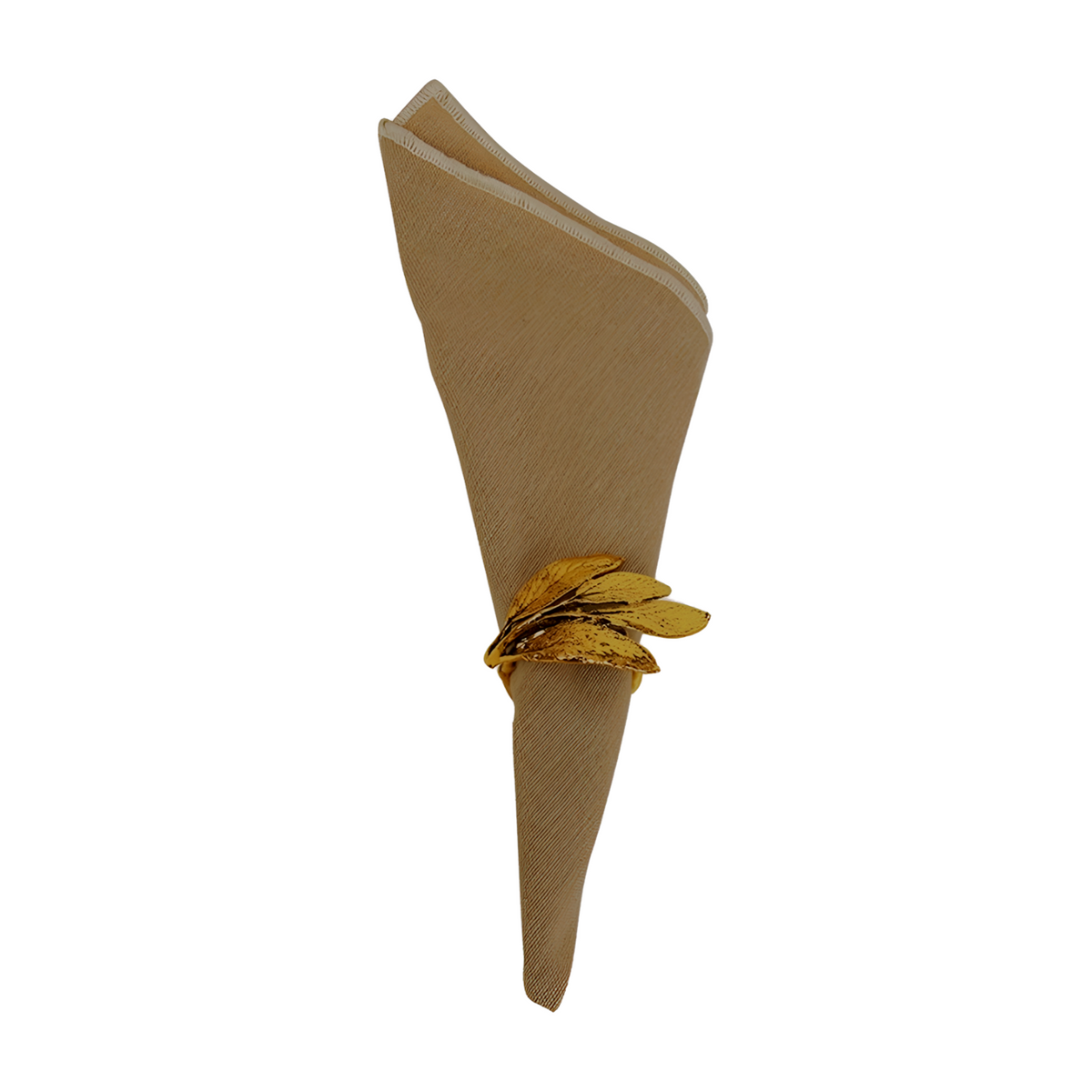Set of four gold leaf cluster napkin rings with textured hammered finish and layered botanical detail