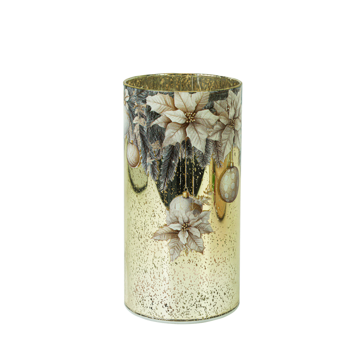 Small gold mercury glass candle holder with white poinsettia, pine branch and hanging bauble design
