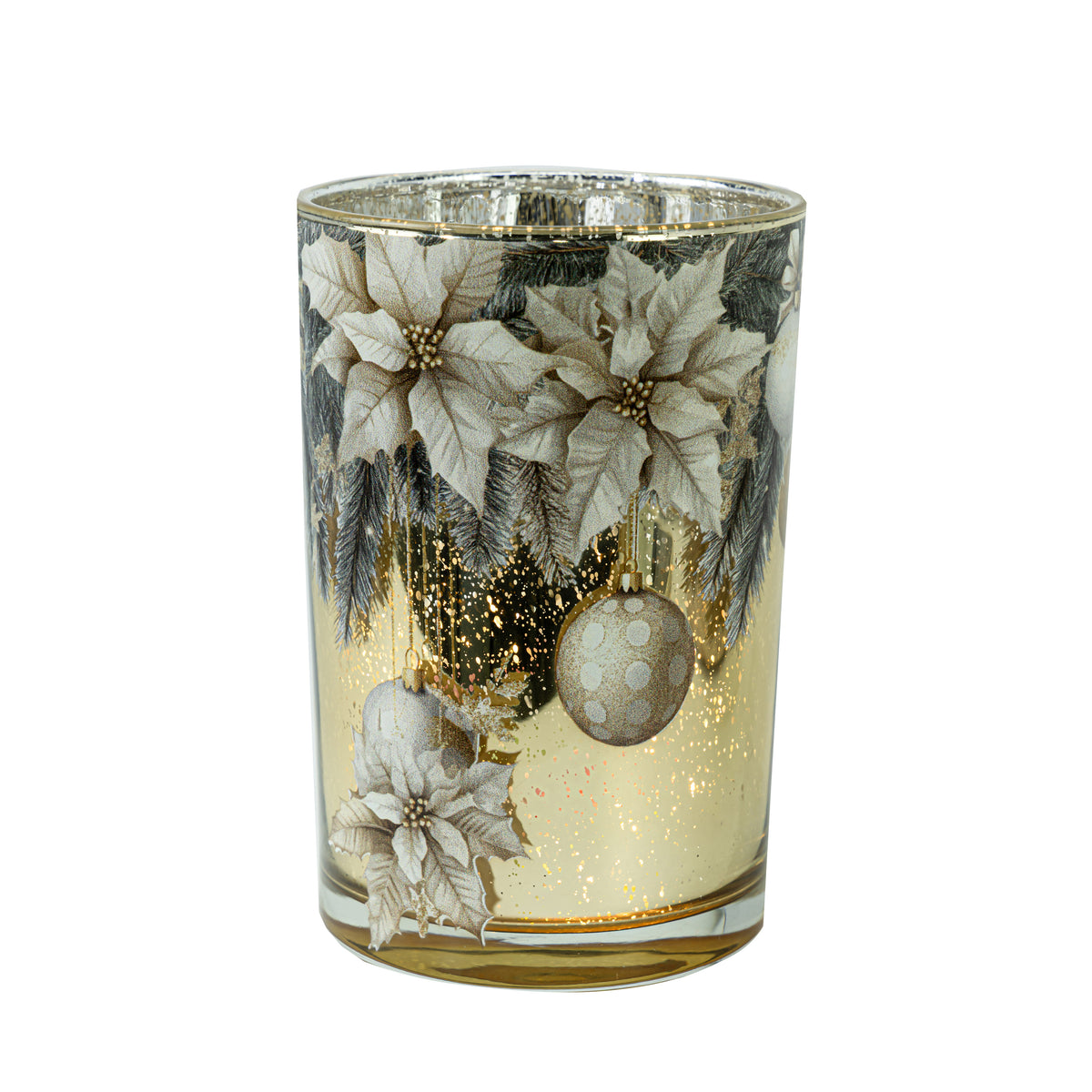 Gold mercury glass candle holder with white poinsettia, pine branch and hanging bauble design