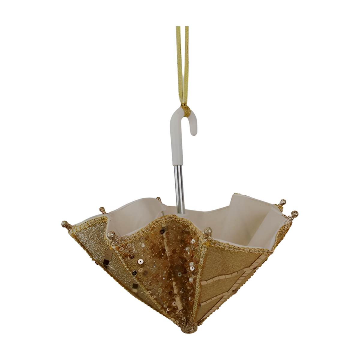 Gold sequin and glitter upturned umbrella Christmas tree decoration with beaded trim, cream lining and gold ribbon hanger