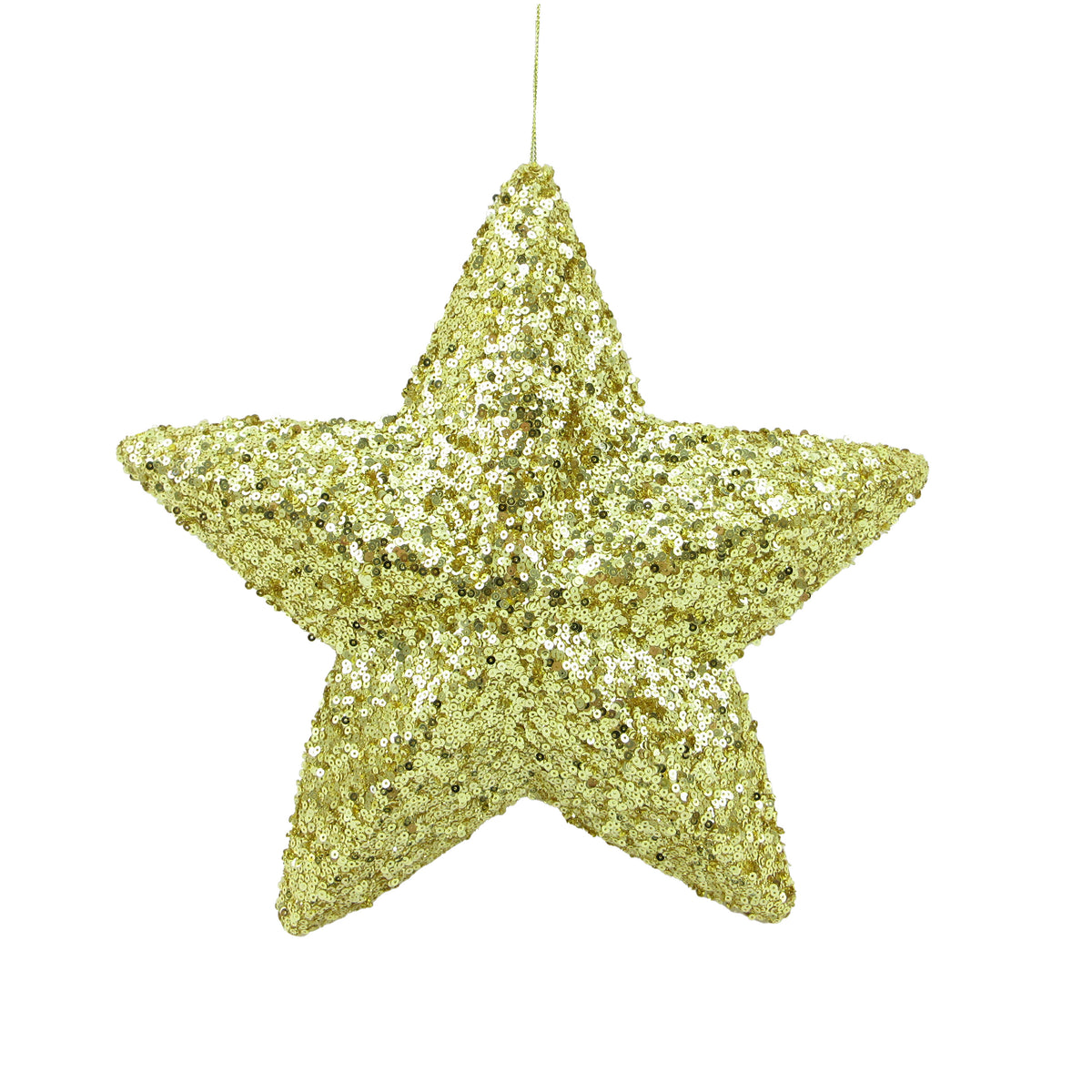 Gold sequin covered five-pointed star hanging tree ornament on a gold cord