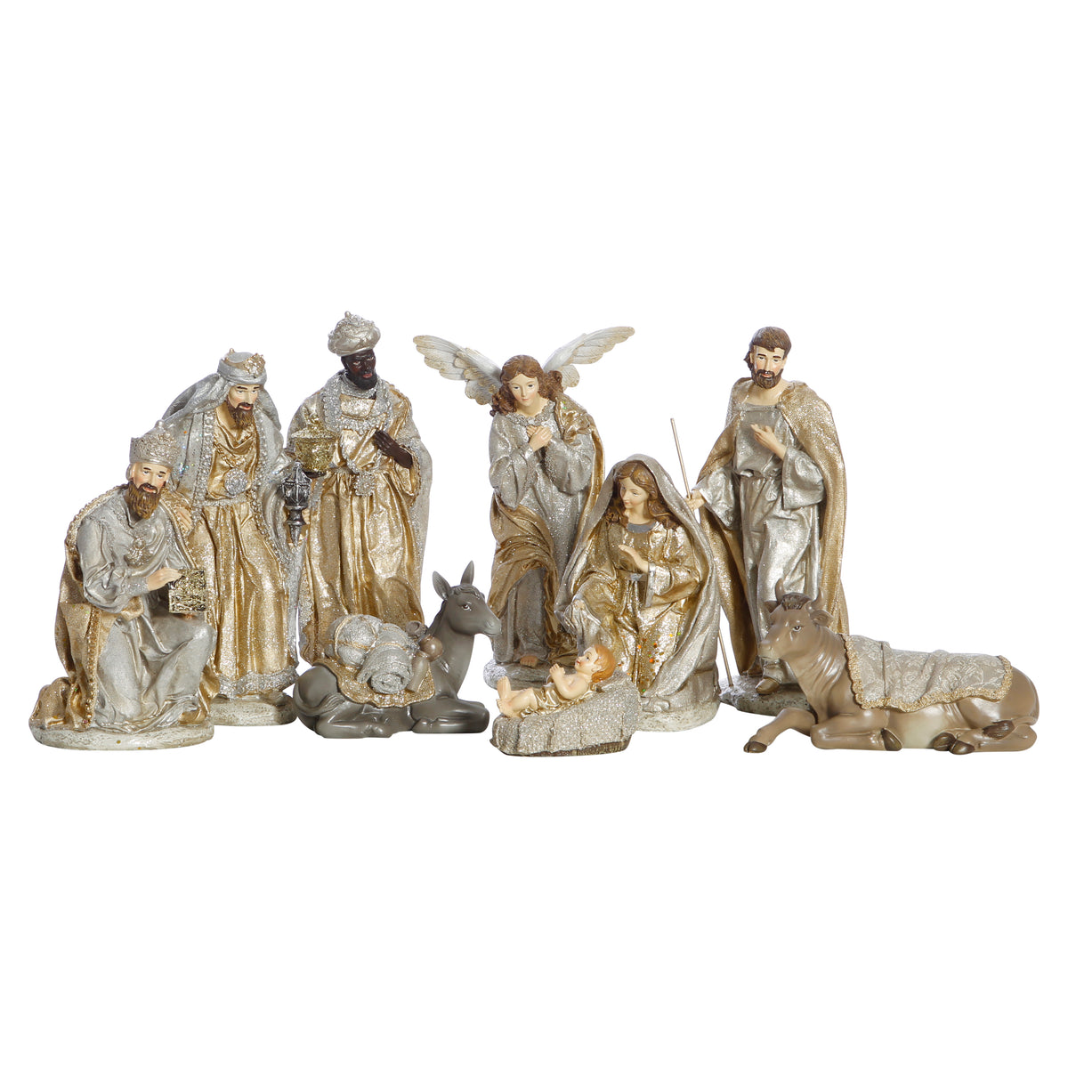 Gold and silver nativity figure set including Mary, Joseph, infant Jesus, angel, three wise men, donkey and ox