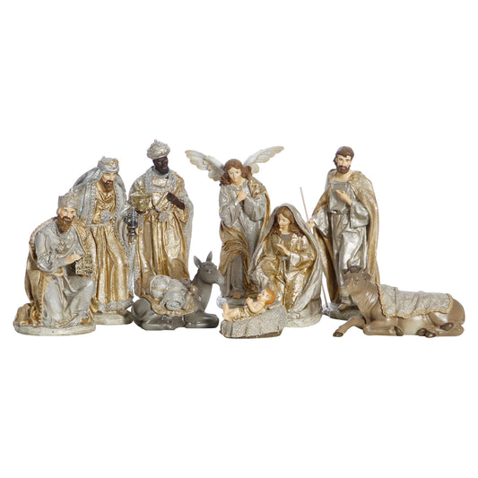 Gold and silver nativity figure set including Mary, Joseph, infant Jesus, angel, three wise men, donkey and ox