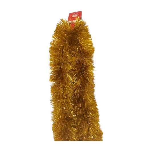 Gold tinsel garland with fluffy metallic strands and festive shine