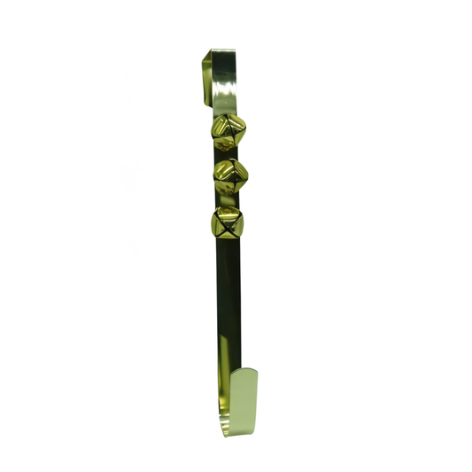 Over-door Christmas wreath hanger with jingle bells in a gold finish