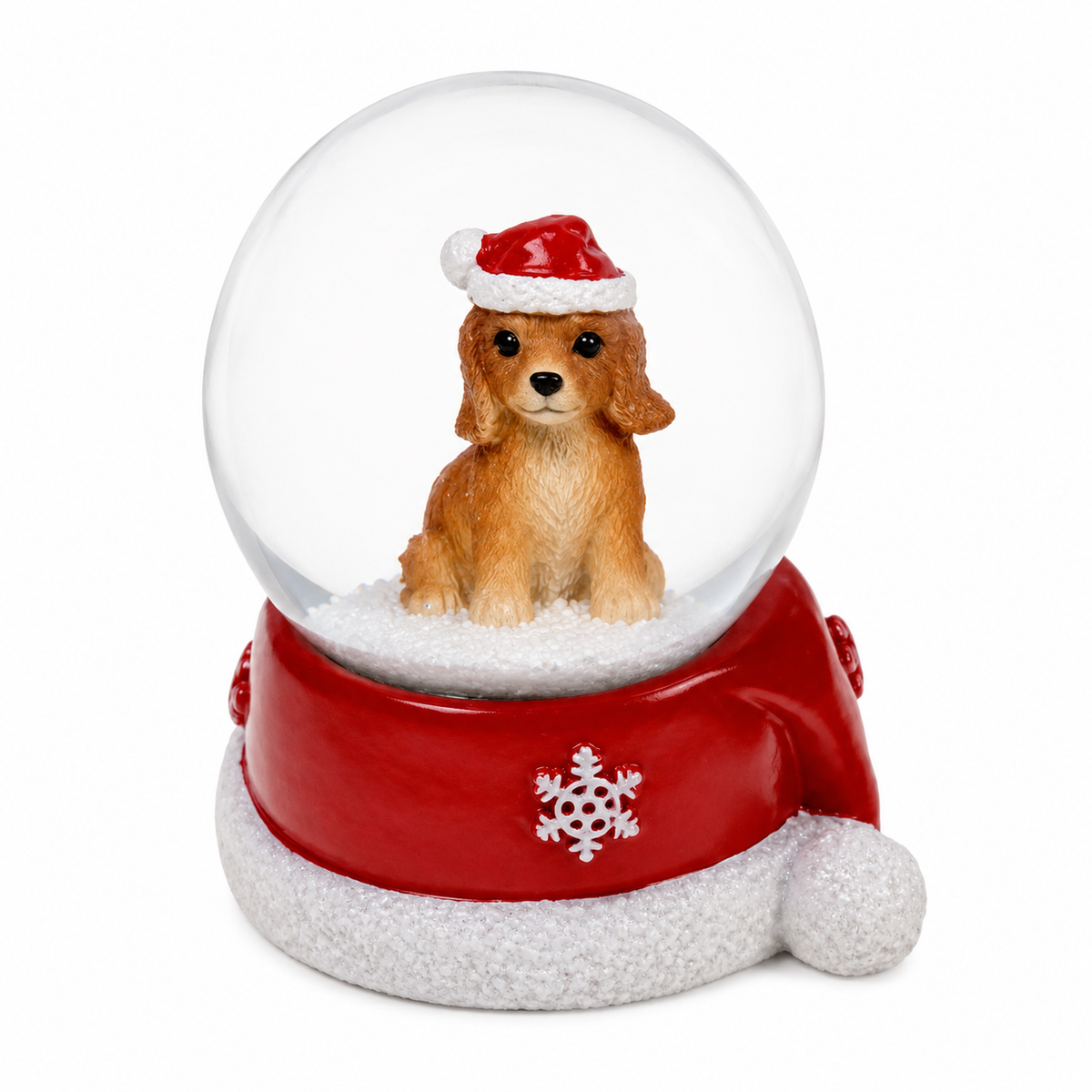 Snow globe with golden puppy in Santa hat on a red Santa hat base with snowflake detail
