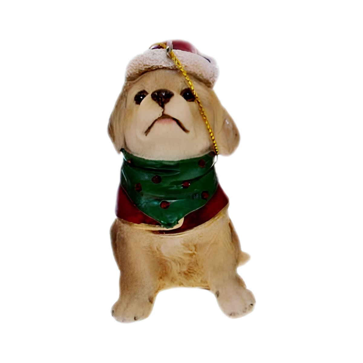 Sitting golden retriever puppy ornament wearing a red coat and green spotted bandana