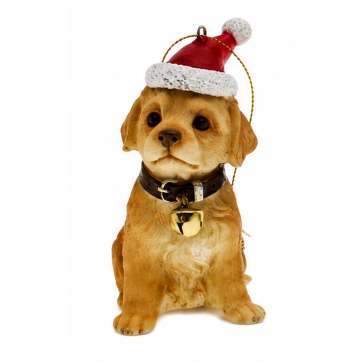 Sitting golden retriever puppy Christmas ornament wearing a red Santa hat and bell collar