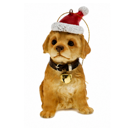 Sitting golden retriever puppy Christmas ornament wearing a red Santa hat and bell collar