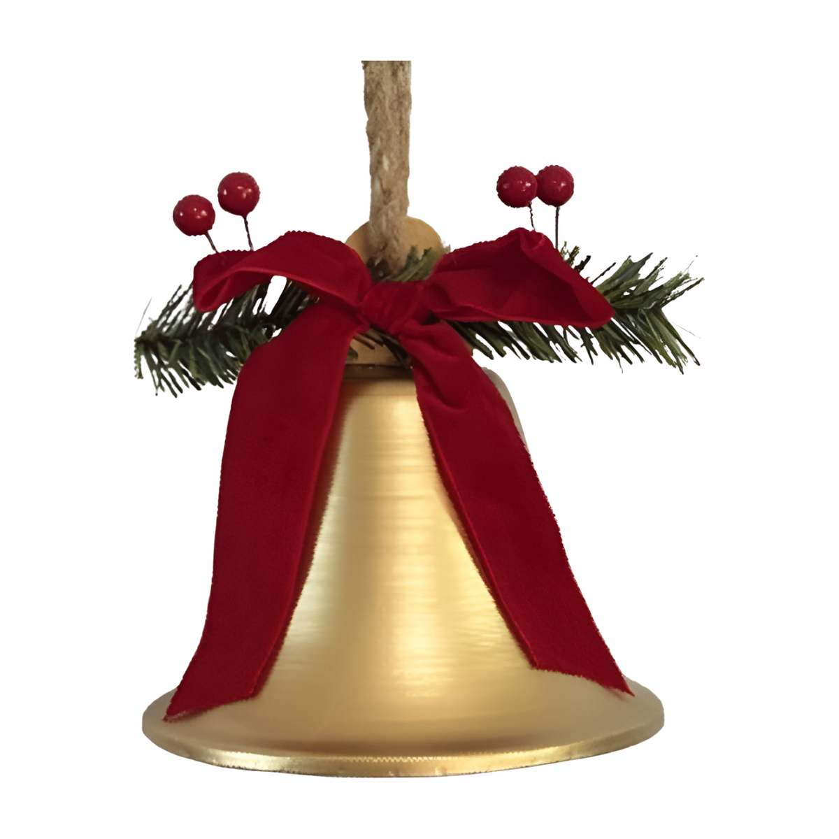 Gold decorative bell with red velvet bow and pine accents