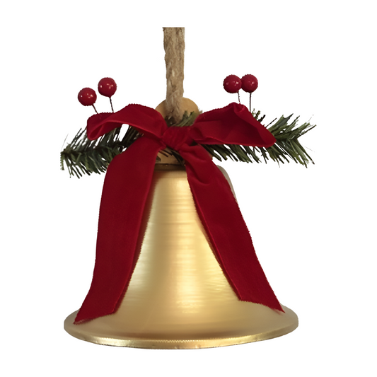 Gold decorative bell with red velvet bow and pine accents
