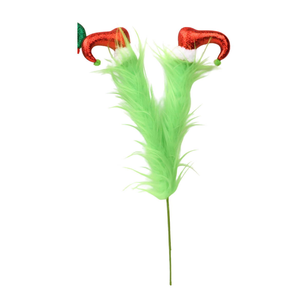 Pair of fluffy green elf legs with red glittery elf shoes on a decorative pick