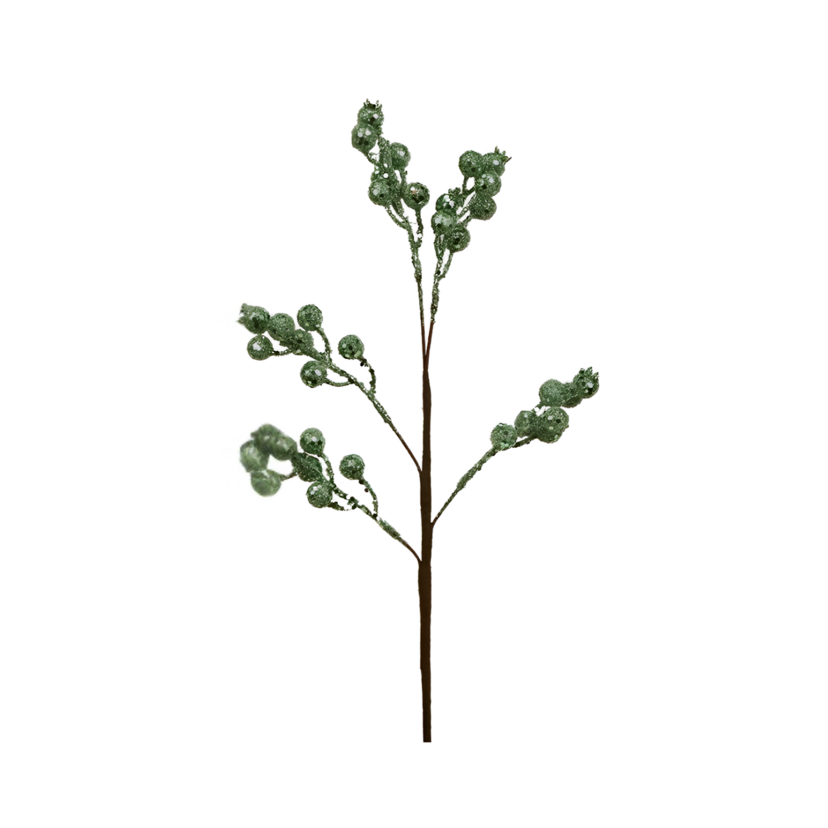 Green glitter berry pick with small textured berry clusters on slender branching stems
