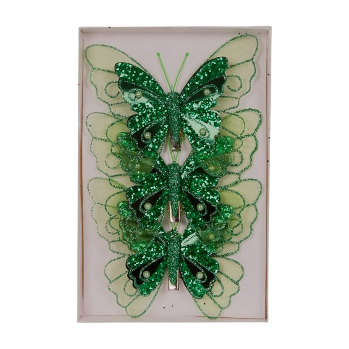 Set of three green glitter butterfly decorations with beaded accents and wire detailing
