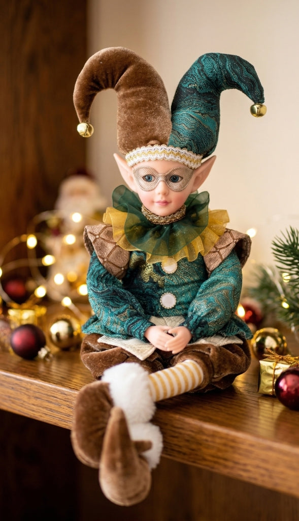Green and gold jester figurine with masquerade mask and curled bell-tipped hat