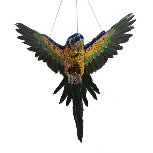 Green and gold sequin macaw hanging Christmas decoration with wings spread wide in dark green feathers and long tail