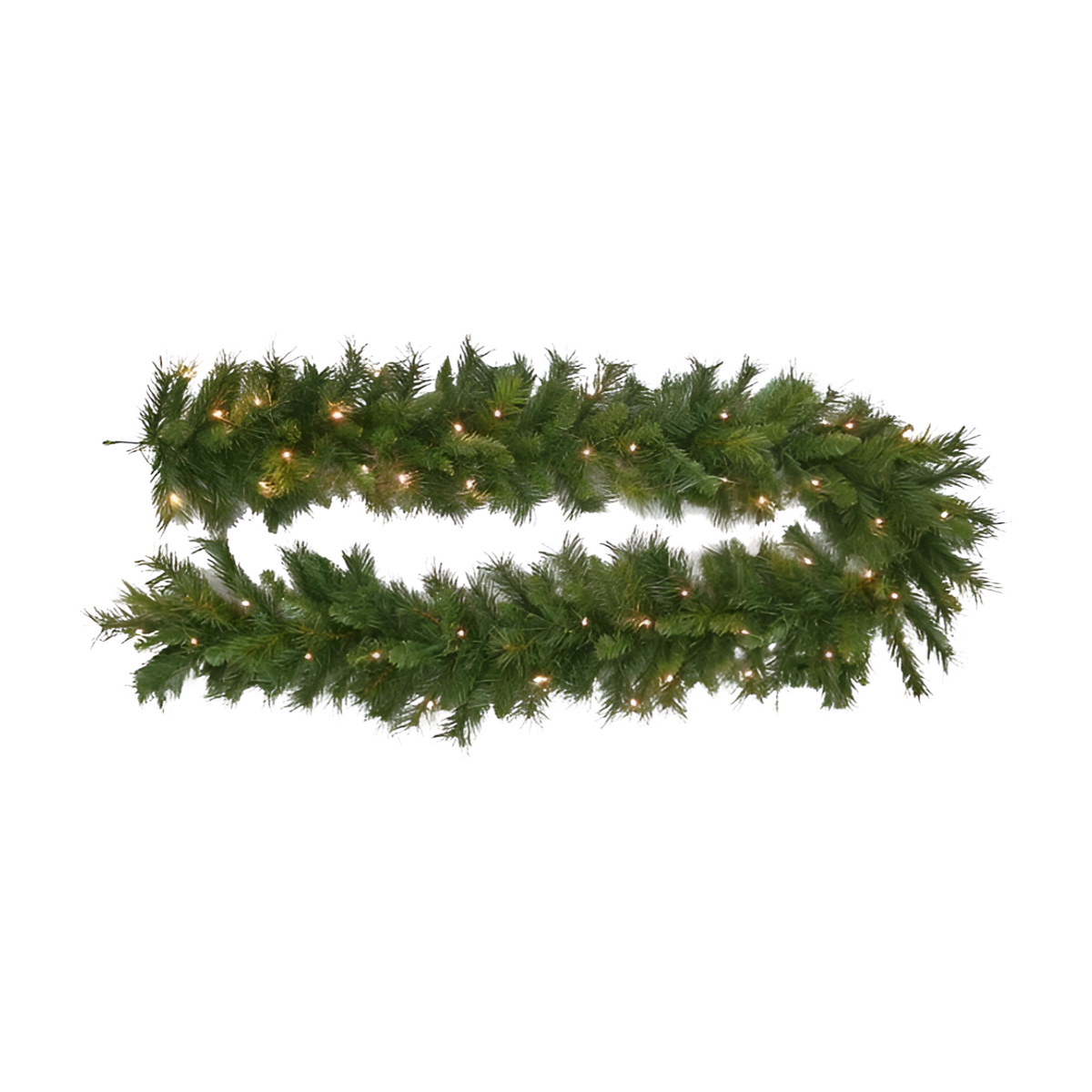 Green Majestic Pine pre-lit Christmas garland with warm white lights glowing through foliage