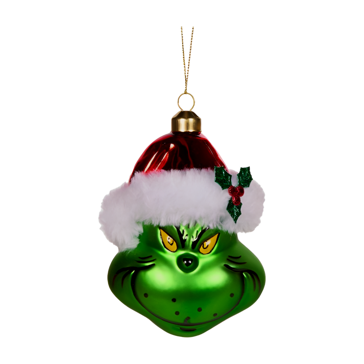 Green face decoration wearing a red Santa hat with white trim and holly accent