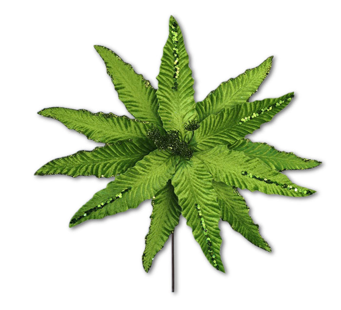 Green poinsettia tree decoration with textured petals and green sequin accents.