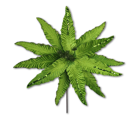 Green poinsettia tree decoration with textured petals and green sequin accents.