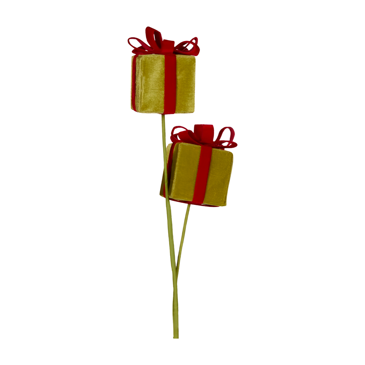 Green present pick with two gold gift boxes wrapped in red ribbons on green stems