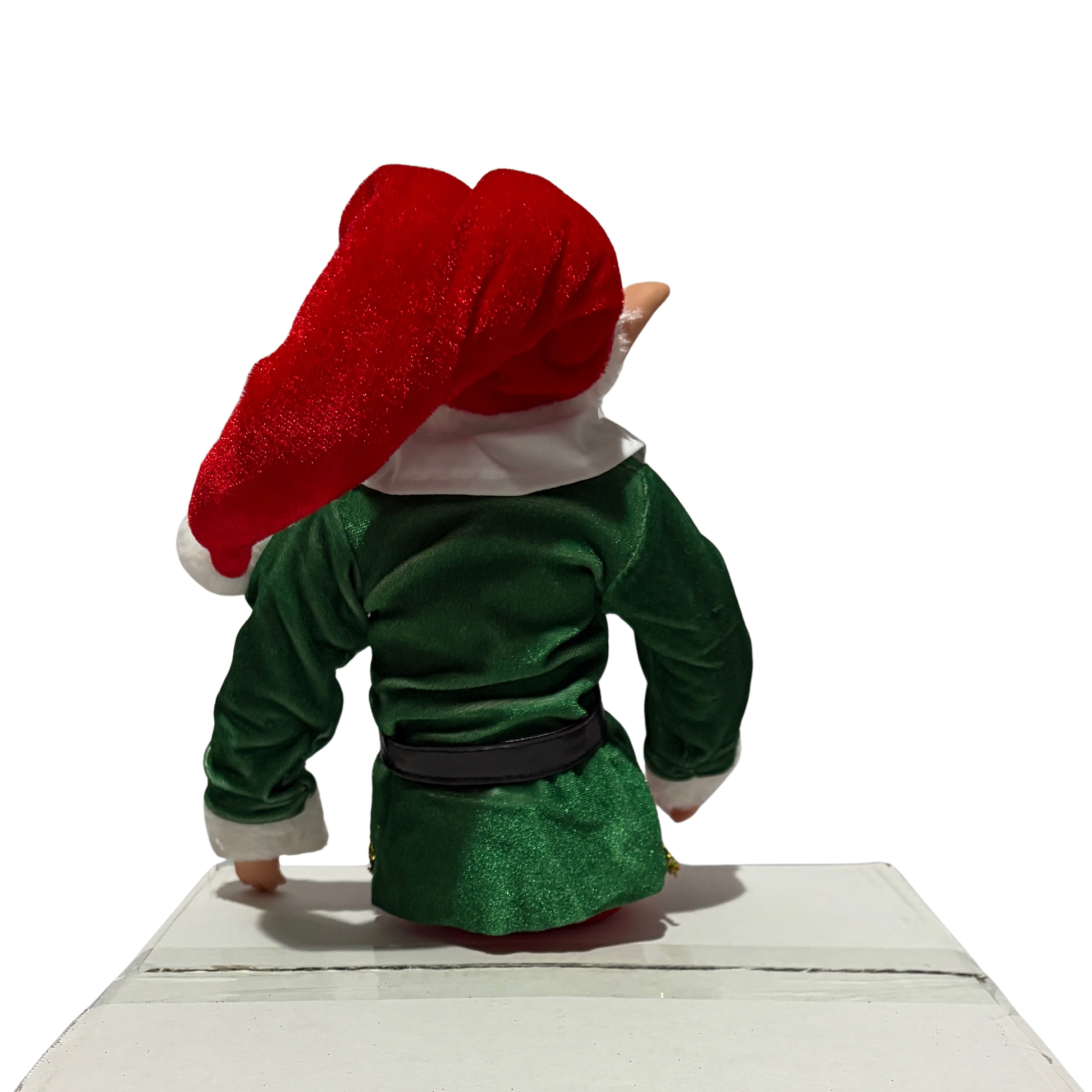 Sitting Christmas elf in green jacket and red trousers with a red hat and black boots