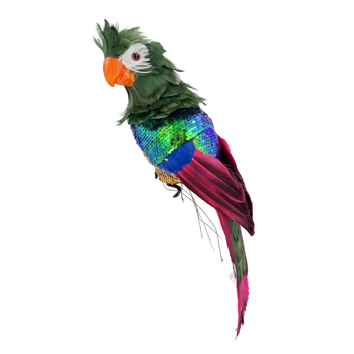 Green sequin parrot Christmas decoration with dark green feather crest, iridescent green and blue sequin body and fuchsia tail