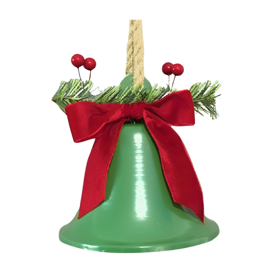 Green decorative bell with red velvet bow and pine accents