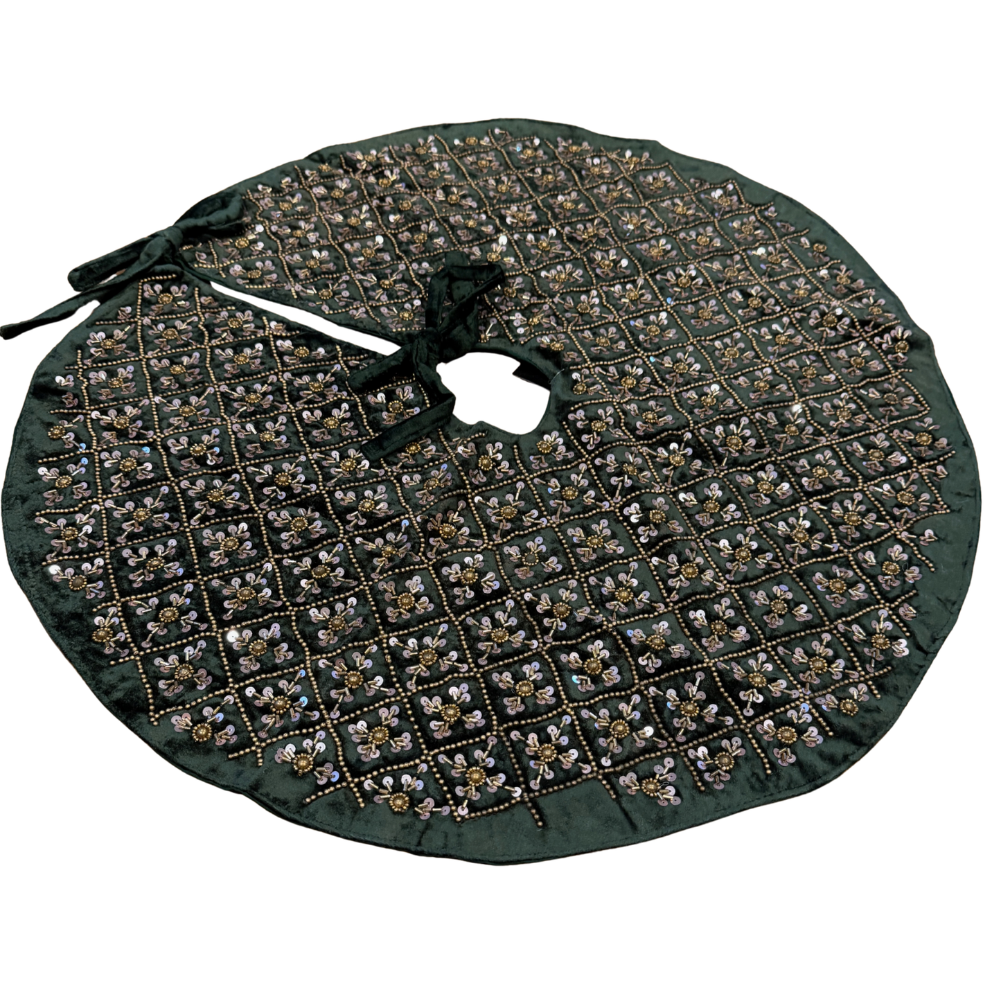 Hand-beaded dark green velvet Christmas tree skirt with gold and silver floral beadwork