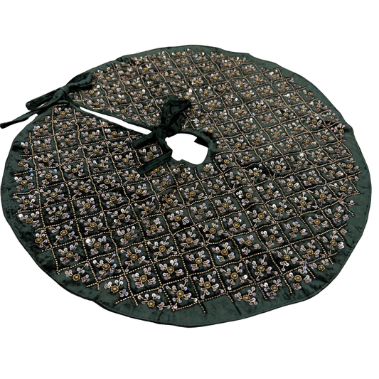 Hand-beaded dark green velvet Christmas tree skirt with gold and silver floral beadwork