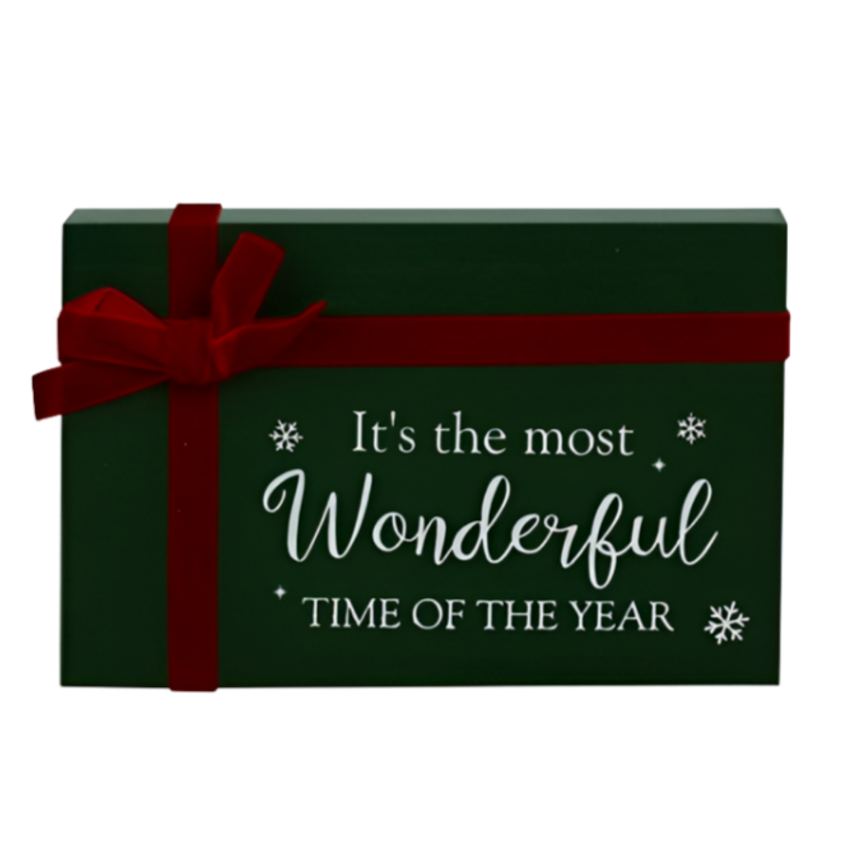 Green freestanding gift block sign with red ribbon bow printed with It's the Most Wonderful Time of the Year in white script