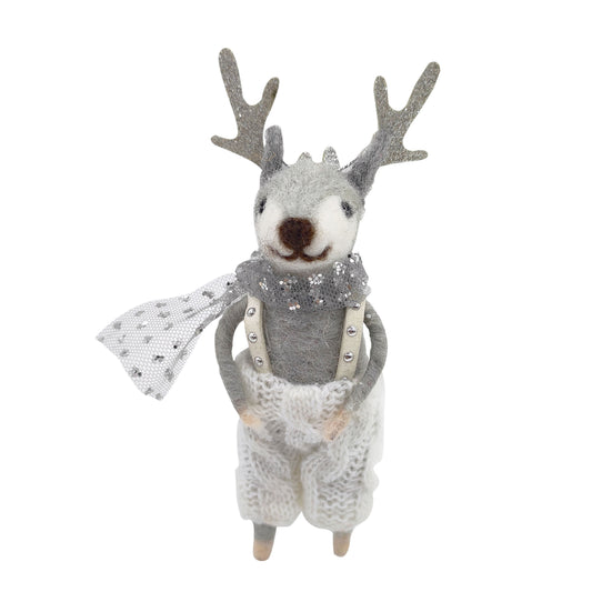 Grey felt deer ornament with silver antlers, white knitted trousers, studded braces and sequin scarf