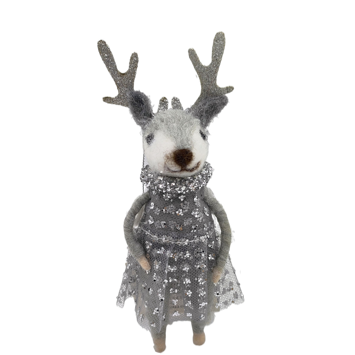 Grey felt deer ornament with silver glitter antlers, sequin tulle dress and ruffled sequin collar