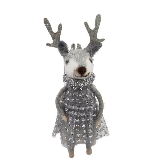 Grey felt deer ornament with silver glitter antlers, sequin tulle dress and ruffled sequin collar