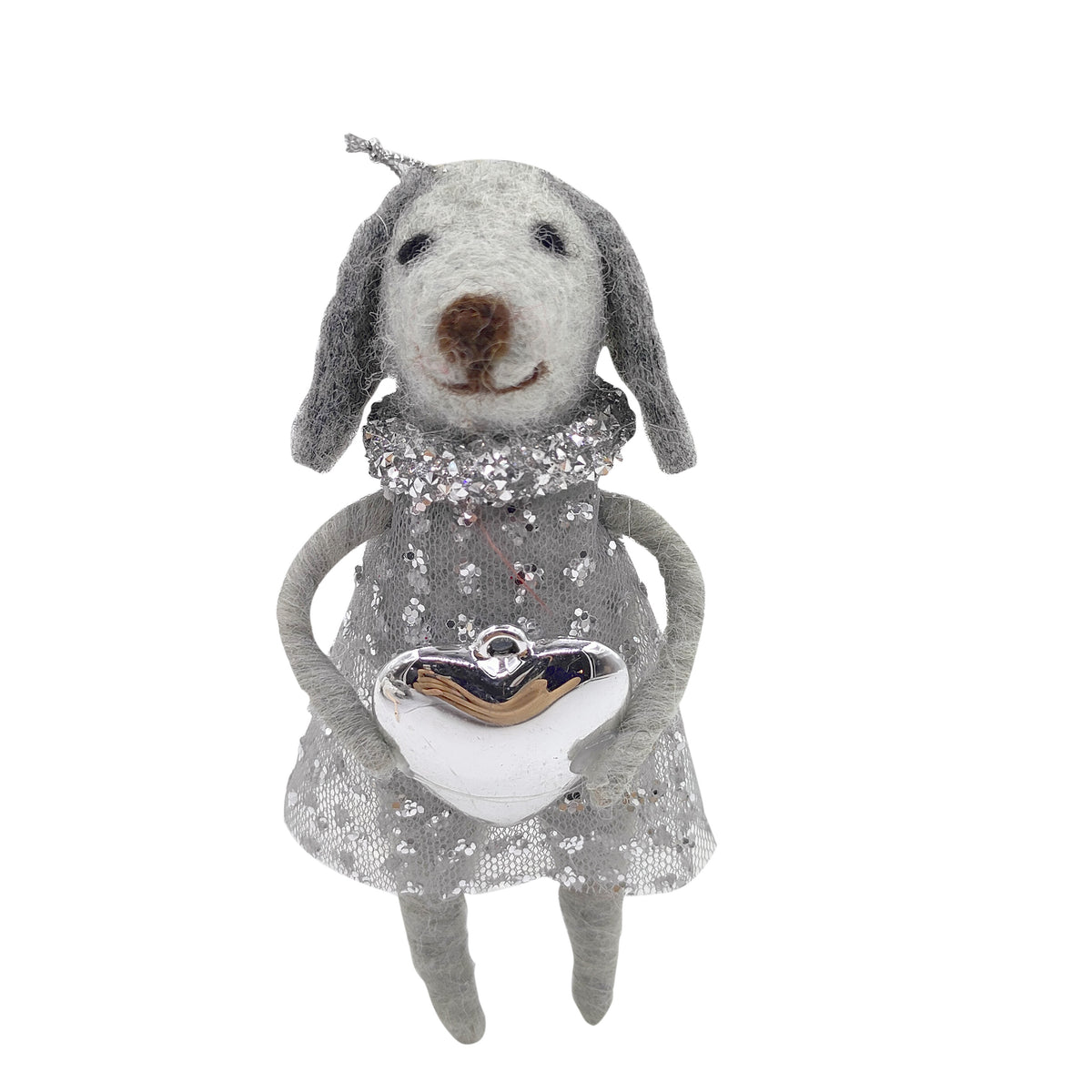 Grey felt dog ornament in a sequin dress holding a silver heart, with ruffled collar and silver hanger