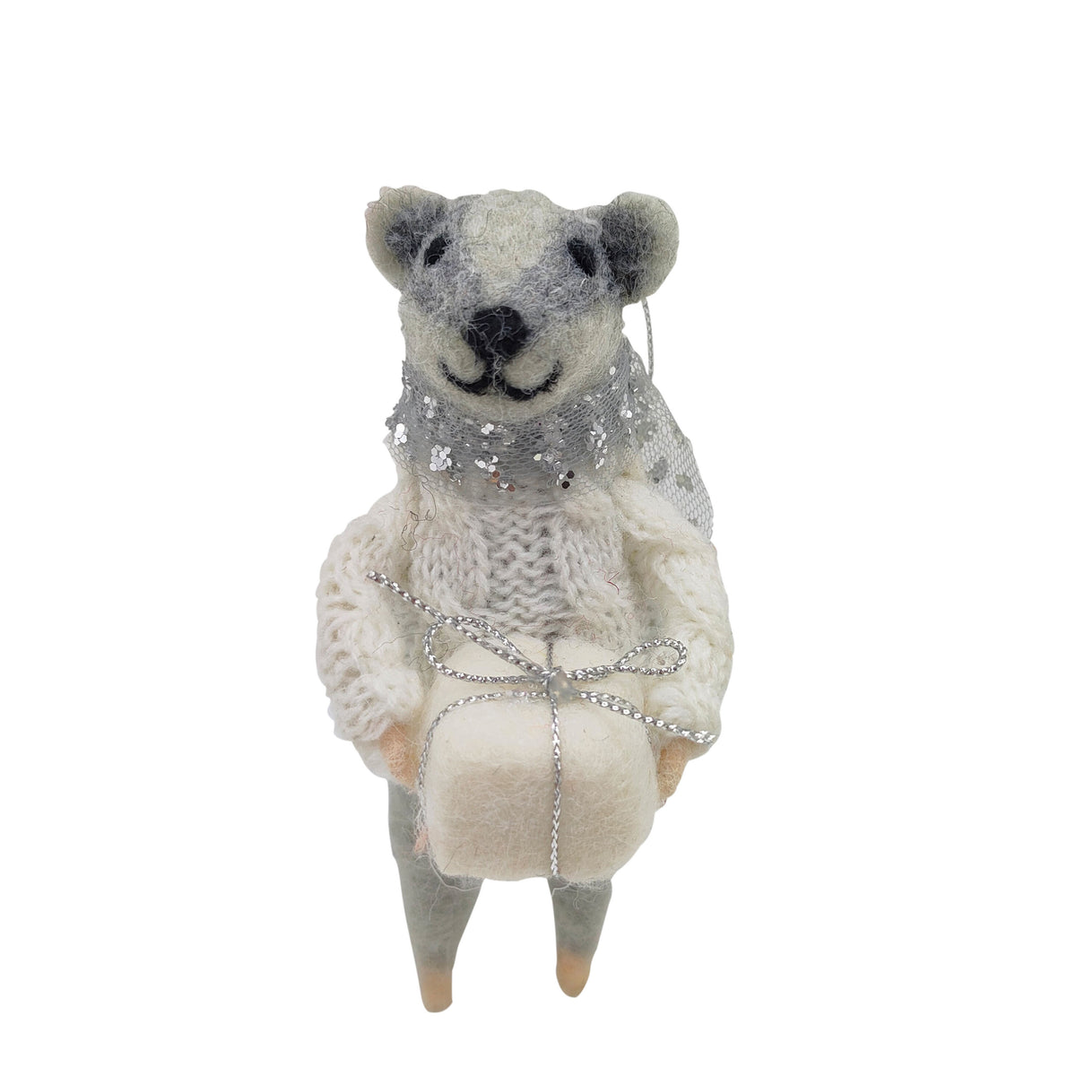 Grey felt mouse ornament in a cream knitted jumper holding a felt gift with silver ribbon bow